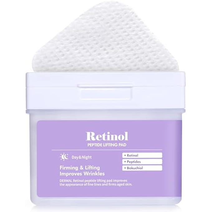DERMAL RETINOL PEPTIDE LIFTING PAD - KOREAN TONER PAD FOR ANTI-AGING & WRINKLES WITH BAKUCHIOL - VEGAN PURE COTTON SQUARE PADS - HIGH CAPACITY, 120 SHEETS - Image 1